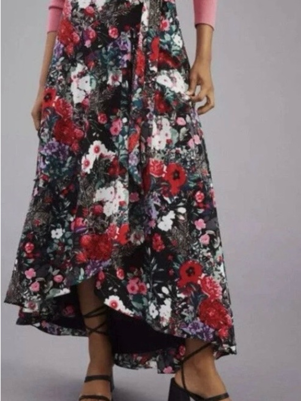 From Anthropology Hutch High-Low Maxi Skirt in Black with Red & Pink Flowers